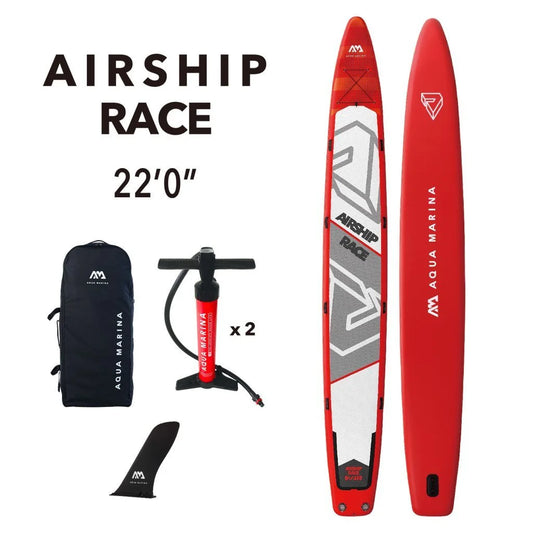 & Harness Fin, air-filled Stand Package, 22'0" RACE Board Pump - including Carry Marina Safety Paddle, SUP Paddle Bag, - Aqua AIRSHIP Multi-Person Up